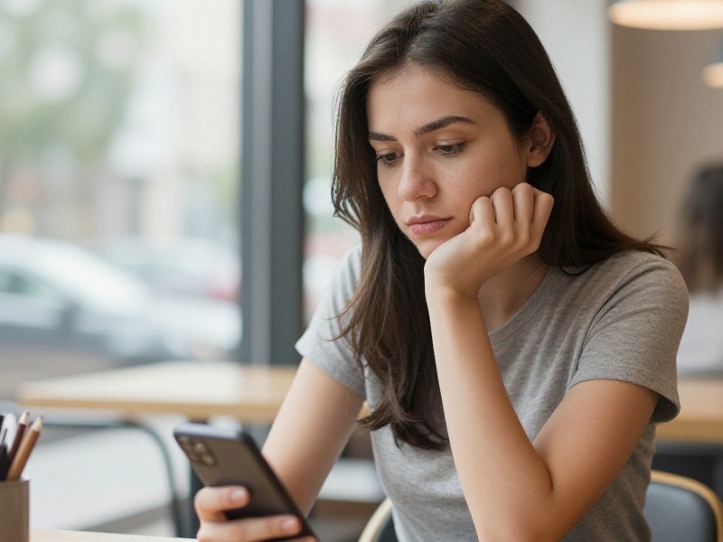 A young adult sitting by a window in warm daylight, looking thoughtfully at a phone showing a paused dating chat, candid and reflective expression, respectful everyday setting.