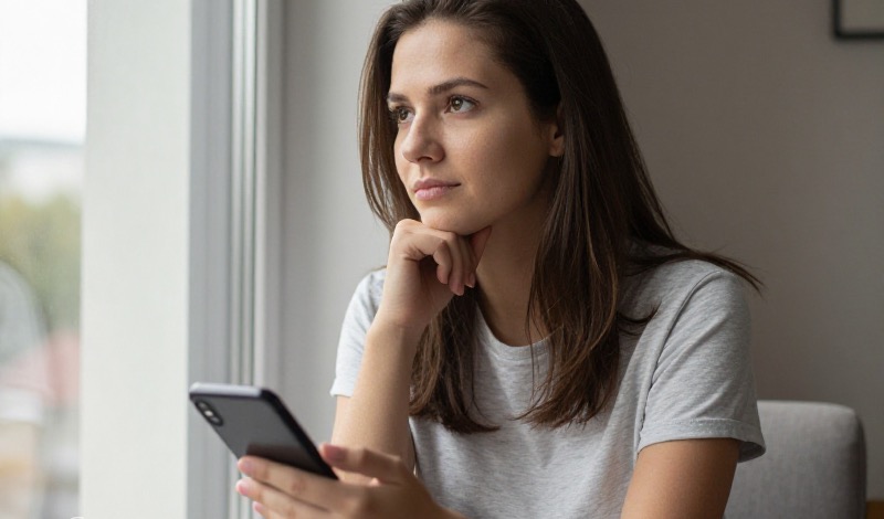 A person looking thoughtfully at their phone showing sporadic message notifications, natural daylight, modern minimal setting, candid and reflective expression.