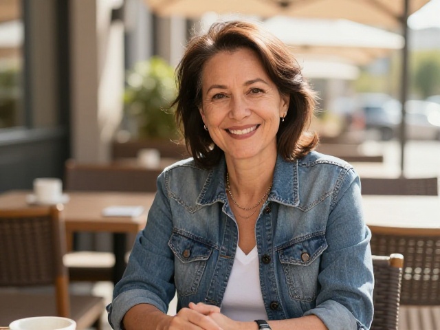 Confident person over 40 smiling at a cafe