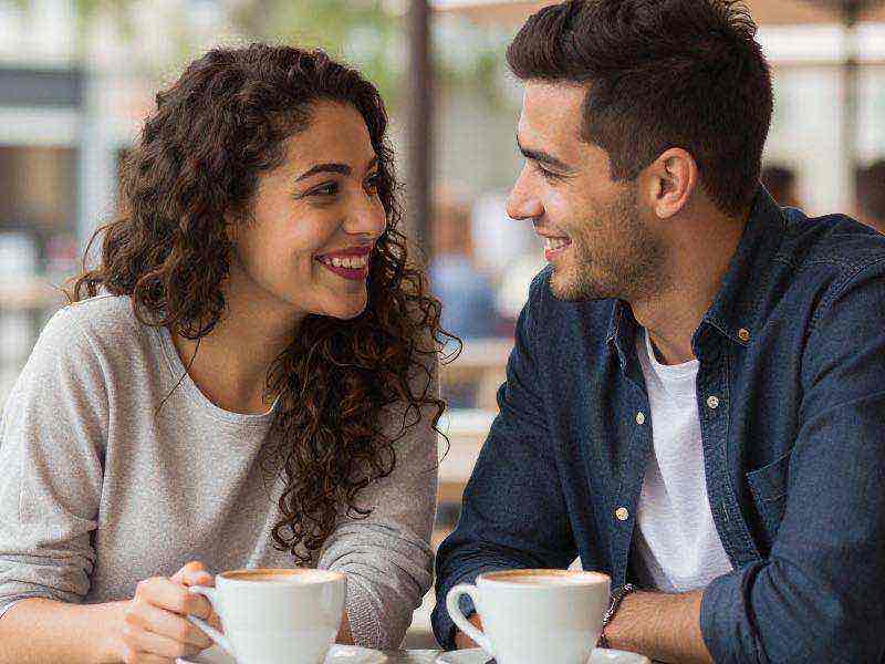 Smiling couple in their early thirties talking over coffee at a bright cafe table on a daytime first date, relaxed and engaged in conversation