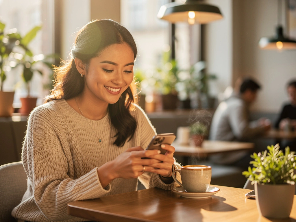 Woman smiling while using Telegram dating app on her phone