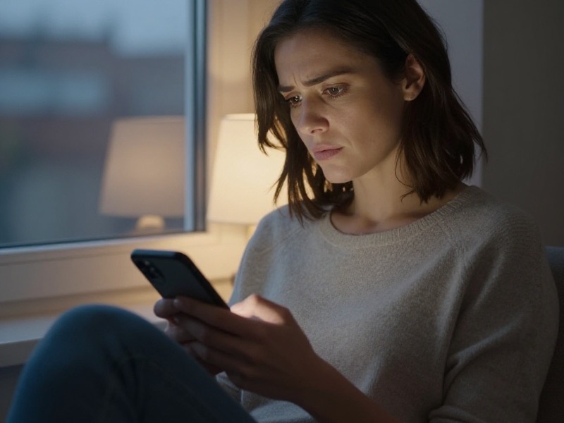 Woman in her mid thirties sitting by an apartment window at dusk, rereading a long message thread on her phone with a thoughtful, questioning expression, warm lamp light behind her