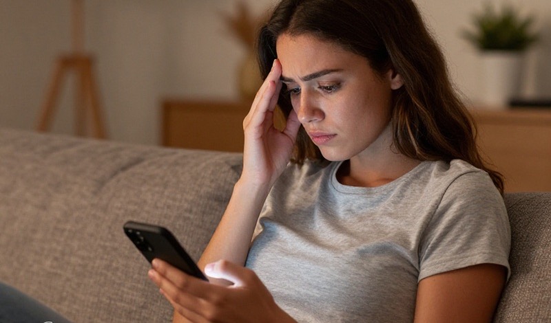 A young adult sitting indoors in warm light, looking thoughtfully at a phone showing a paused dating chat, candid and reflective expression