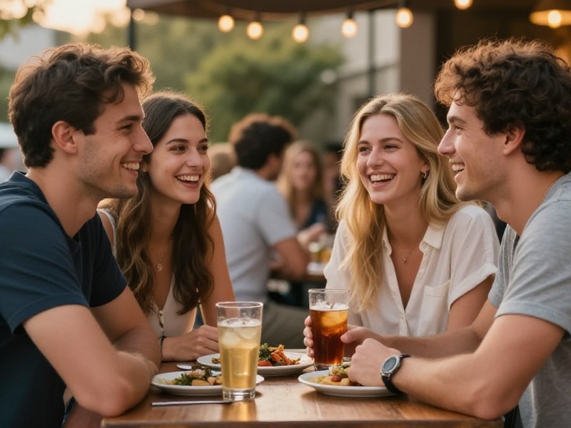 Four friends in their late twenties, two men and two women, laughing around an outdoor table at a casual bar with drinks and small plates between them in warm late-afternoon light.