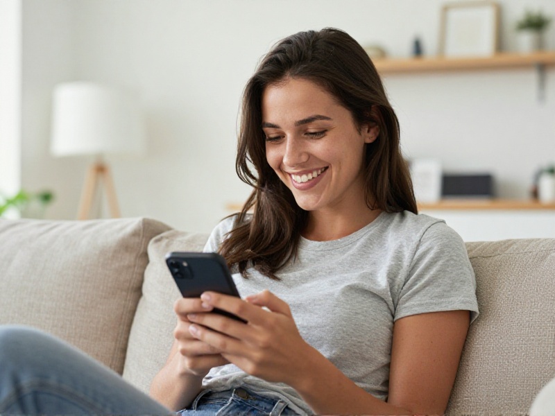 Smiling woman in her late twenties sitting on a sofa by a window, typing a relaxed message on her smartphone during a daytime dating app chat