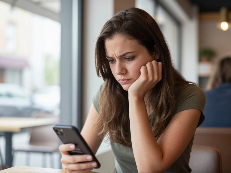 A person sitting in a cafe in soft daylight, looking thoughtfully at a phone screen crowded with unread messages and notifications, conveying too much too soon
