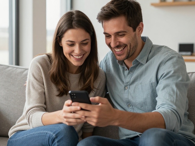 A couple in their early thirties sitting close together on a sofa in a bright modern flat, one partner showing the other something on a phone screen, both relaxed and laughing in warm natural window light, photo-realistic and candid rather than posed.