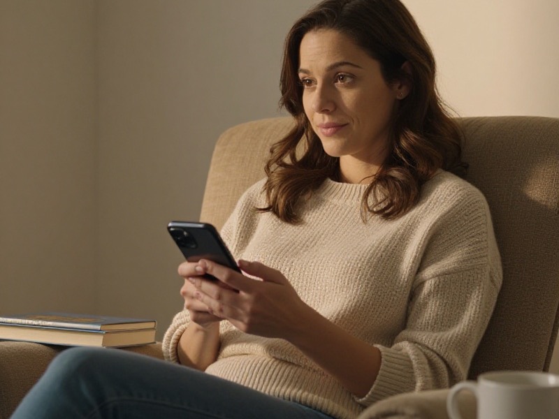 A relaxed woman in her late forties sitting alone at a sunlit cafe table with a coffee and her phone, looking thoughtfully out of the window with a small hopeful smile, photo-realistic and candid rather than posed.