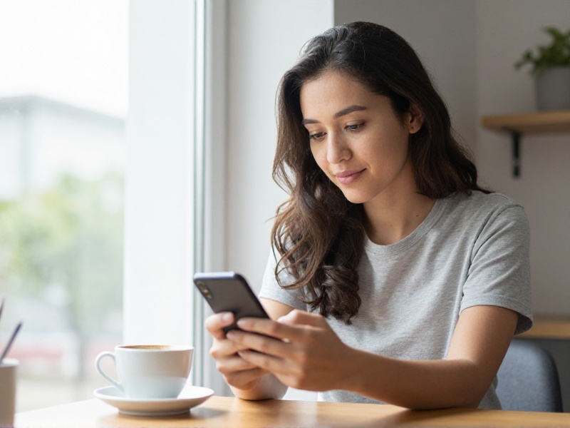 A calm adult sitting by a sunlit window with a coffee and phone, smiling gently while chatting on a dating app, relaxed and grounded mood