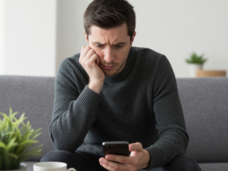 A man in his early thirties sits on a grey sofa resting his chin on his hand, looking doubtfully at a dating app on his phone in a bright living room.