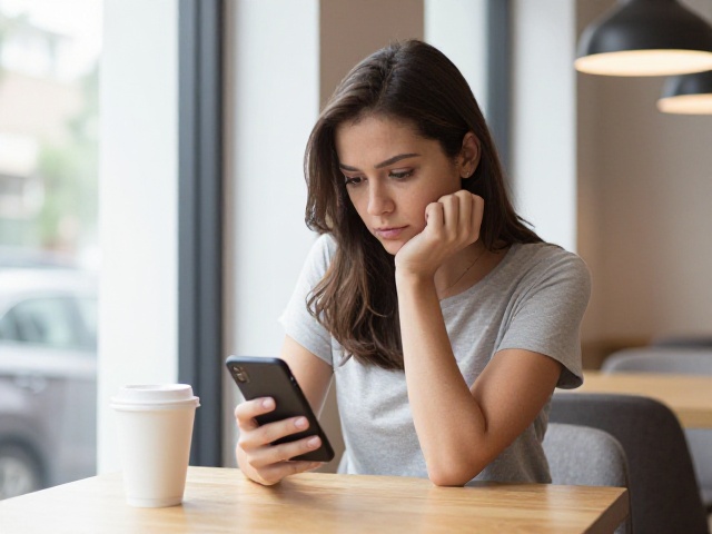 Woman checking dating app with safety mindset