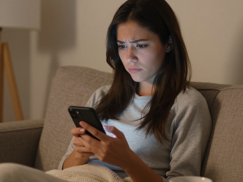 Woman looking skeptically at a suspicious chat message on her phone while sitting on a sofa at home