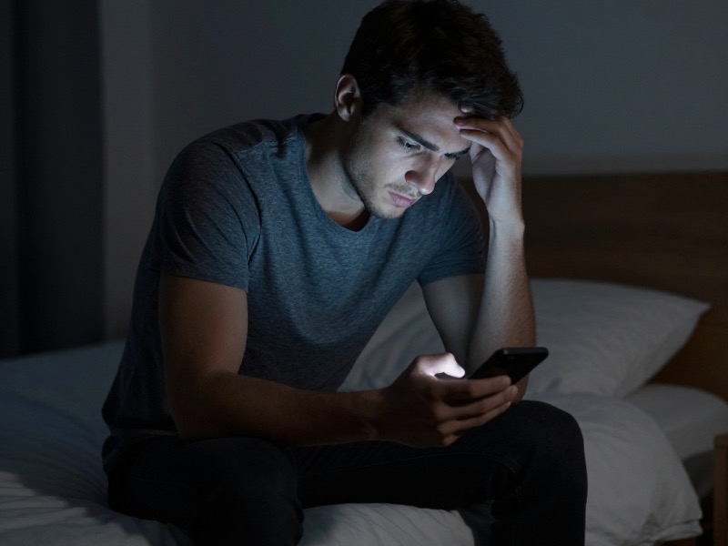 A young man sitting alone on the edge of his bed at night holding his phone with a calm, steady expression, soft lamp light in a quiet bedroom, conveying quiet resolve rather than panic