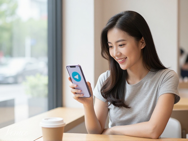 Young woman in coffee shop looking at smartphone with Telegram app open, natural daylight, photo-realistic, friendly atmosphere