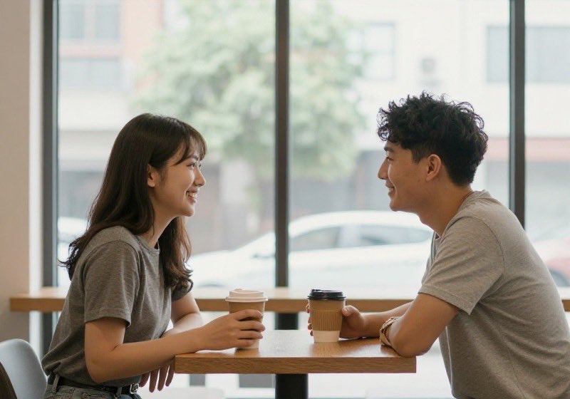 Two people meeting for coffee at a sunny outdoor cafe table for a relaxed first date