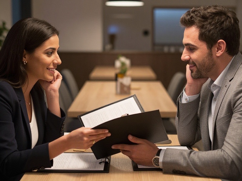 Two people smiling across a small cafe table as a server places the bill between them, warm evening light, relaxed first date atmosphere.